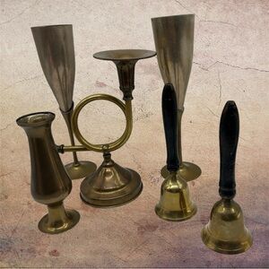 Vintage Brass Lot goblets bells vase french horn candle holder 6 items READ